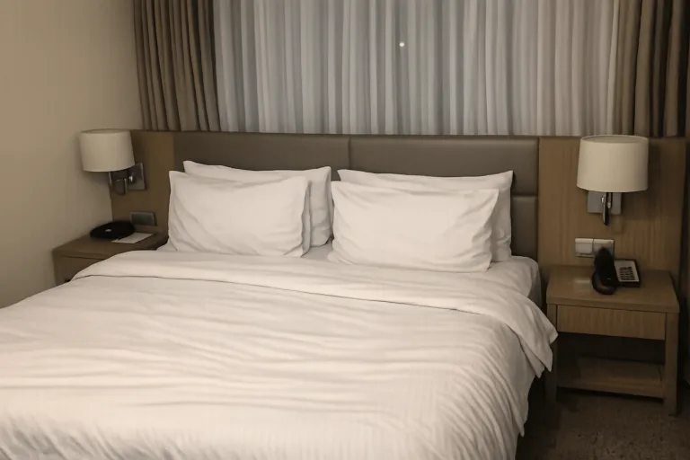 Diskrete Beratung mit Hotelpersonal in gepflegter Lobby zur sachlichen Einschätzung eines Bettwanzenbefalls.