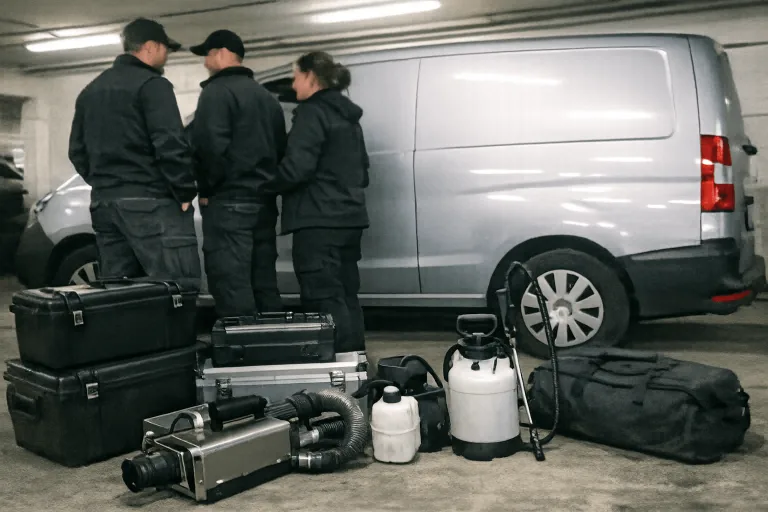 Diskretes Schädlingsbekämpfungsteam in neutraler Arbeitskleidung, professionell bei Bettwanzen-Unterstützung.