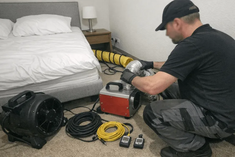 Fachmann mit Wärmegerät bei der Bettwanzenbehandlung in einem Schlafzimmer