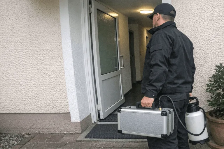 Techniker mit Ausrüstung vor Wohnkulisse in Erfurt