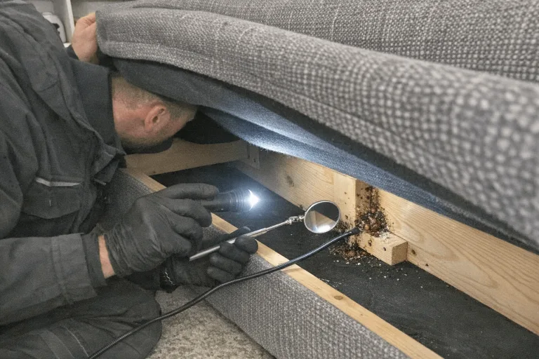 Sorgfältige Überprüfung von Polstermöbeln zur Aufdeckung versteckter Nester