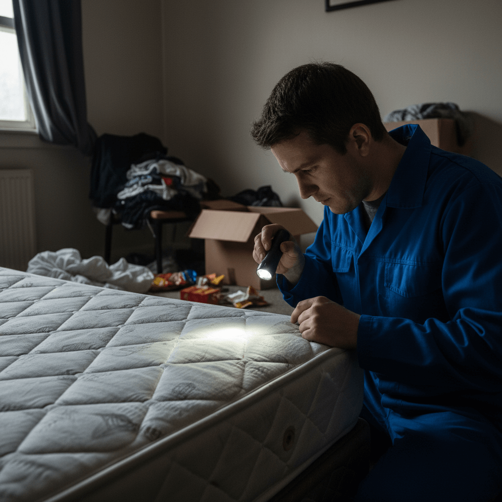 Techniker bei der professionellen Bettwanzen Inspektion im Schlafzimmer