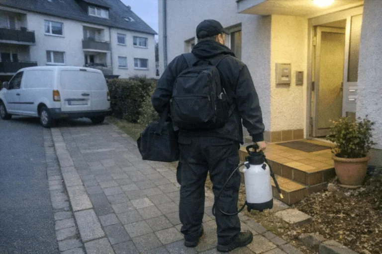 Techniker kommt in Daglfing an für einen diskreten Bettwanzen-Service.