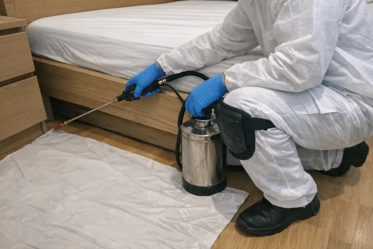 Schädlingsbekämpfer in Schutzkleidung sprüht bei chemischer Bettwanzenbehandlung entlang der Fußleiste im Schlafzimmer.