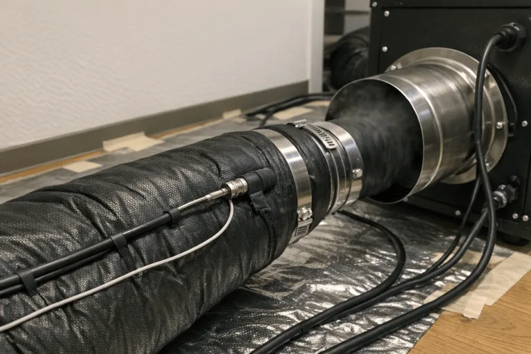 Professioneller Heizschlauch während einer Bettwanzen-Thermobehandlung in Leipzig.