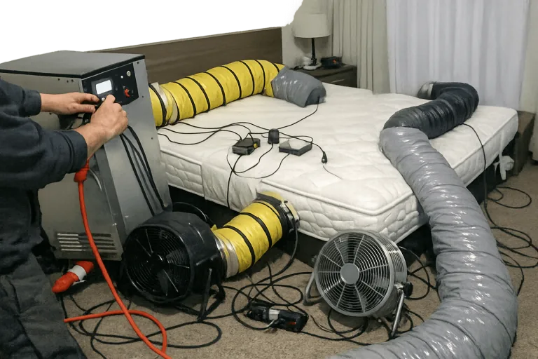 Professionelles Heizgerät bei der Bettwanzen-Wärmebehandlung in einem Zimmer