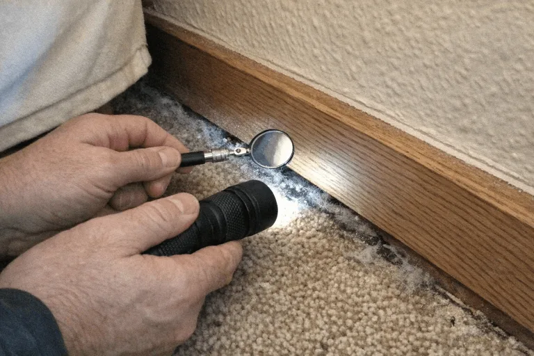 Kontrolle von Sockelleisten in einem Schlafzimmer auf versteckte Schädlinge