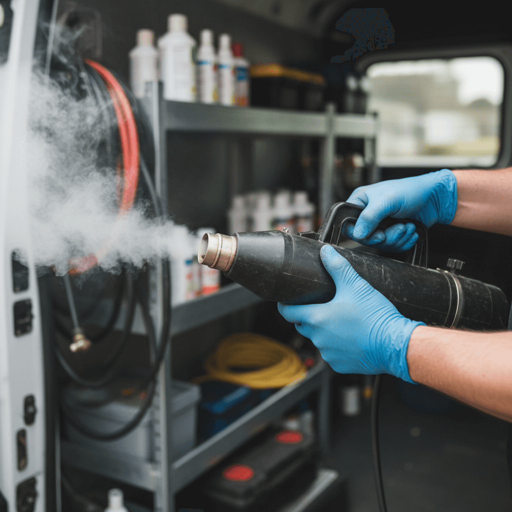 Erfahrener Schädlingsbekämpfer bereitet Ausrüstung vor